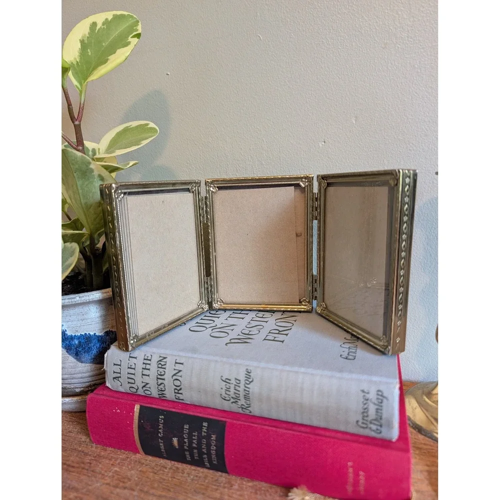 Vintage Mid Century Brass Toned Triptych Hinged Picture Frame Floral Embossed